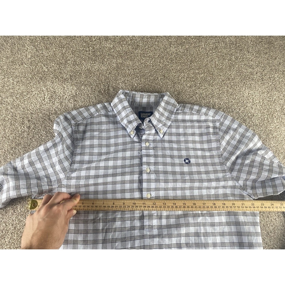Lands Ends Chase Bank Blue Plaid 3 Button Polo Long Sleeve 15-15.5 Mens M Preppy - Picture 5 of 8